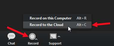 Zoom UI showing Record to Cloud option as described