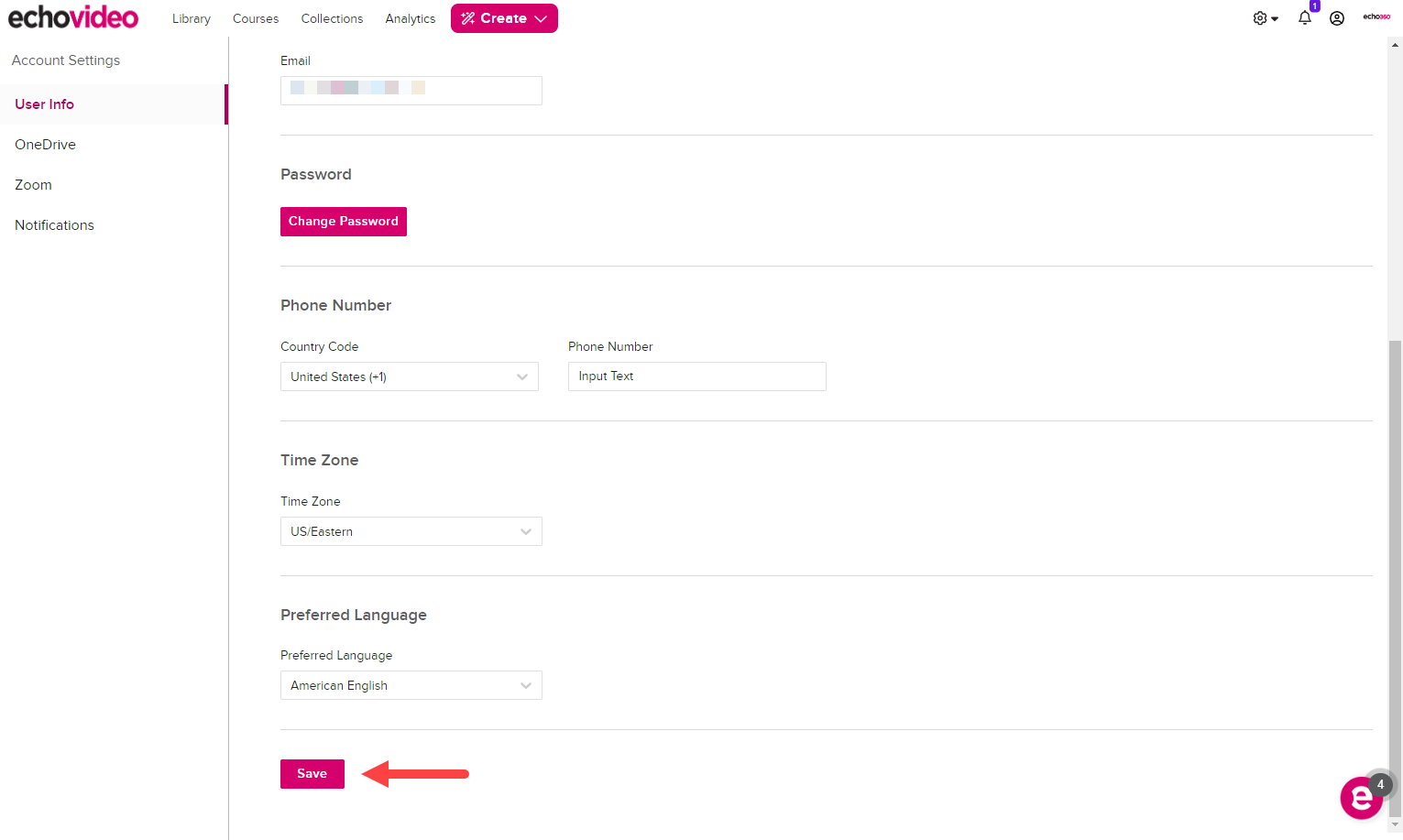 User info page containing fields as described