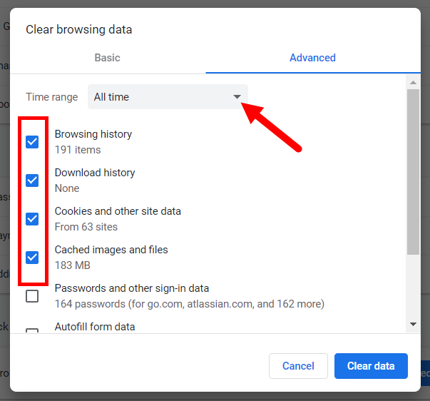 Chrome Clear browsing data dialog box with time-frame drop-down list identified and items to clear checkboxes selected as described
