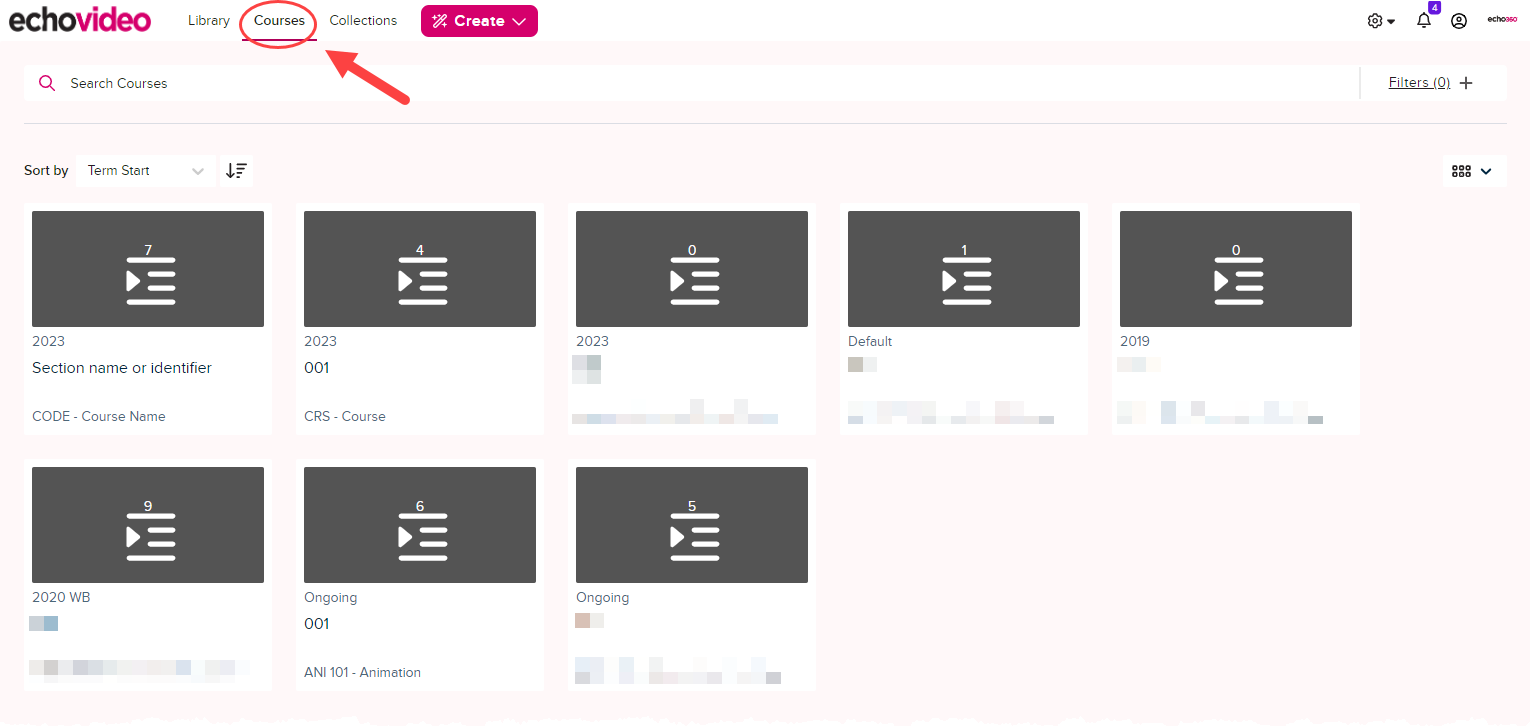EchoVideo courses page showing course tiles for selection and Courses option in main menu navigation identified