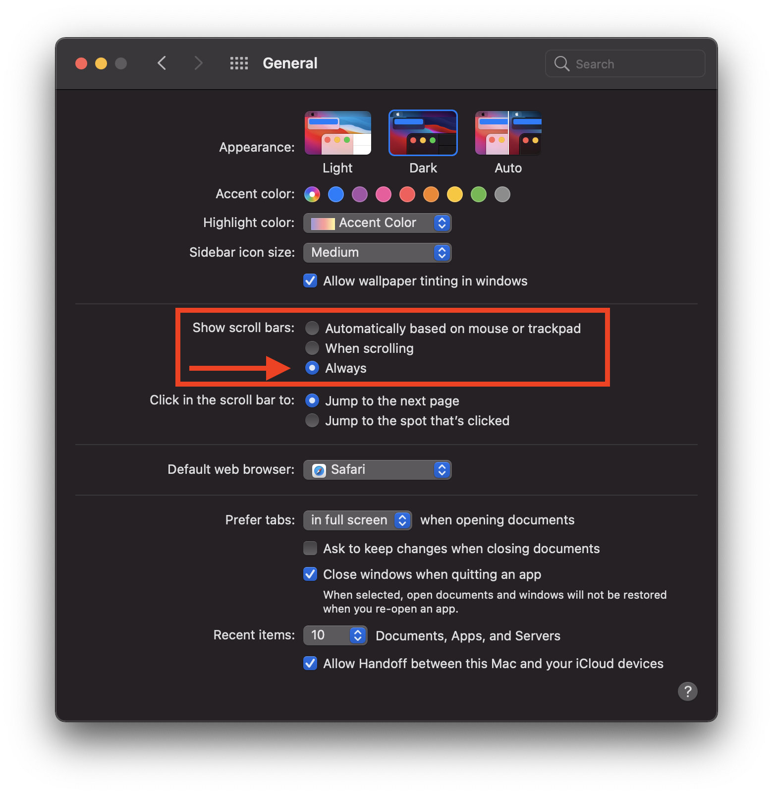Mac operating system general preferences with show scroll bars options identified as described