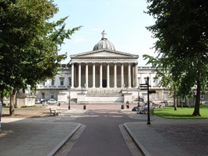 The University College London Main Building framed between trees