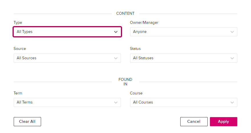 Media filters dialog box with options as described