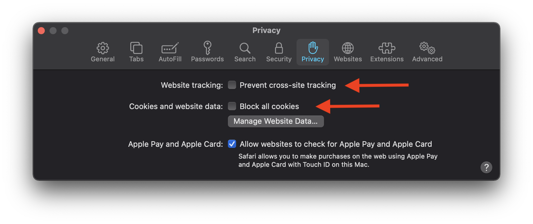 Safari preferences with Privacy tab shown and options to disable identified