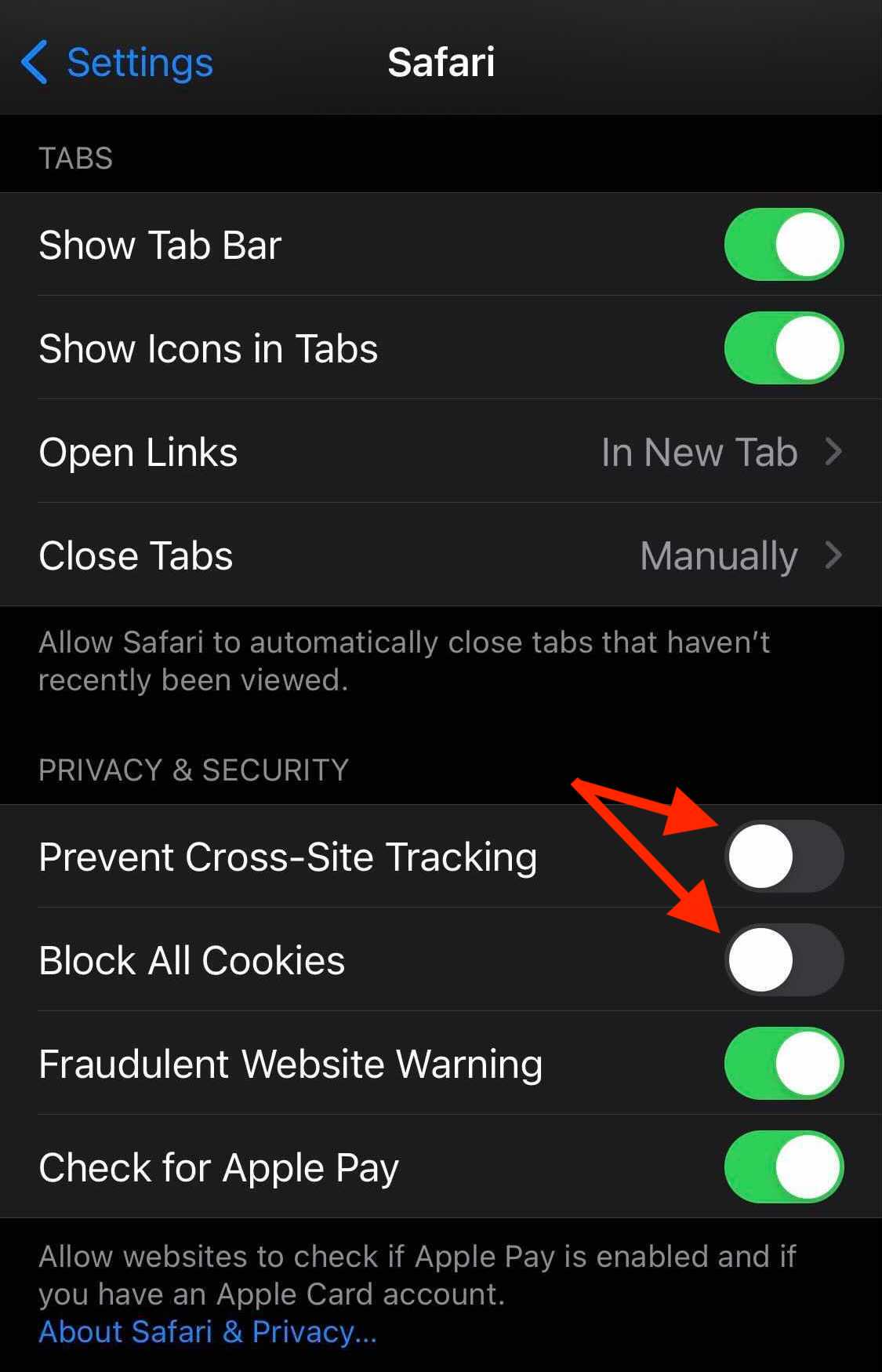 Safari Settings in iOS as described