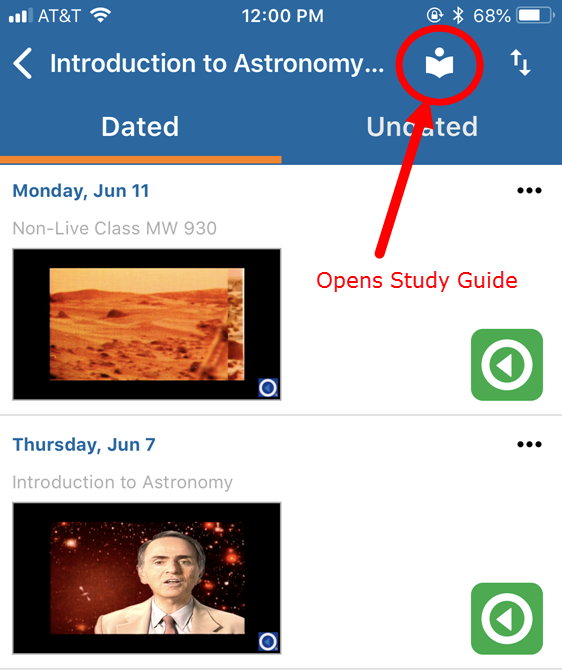 Class list with Study Guide icon identified for opening bookmarks page as described