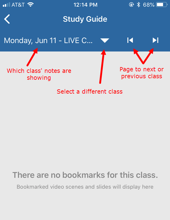 Study Guide for first class in the class list showing navigation options as described