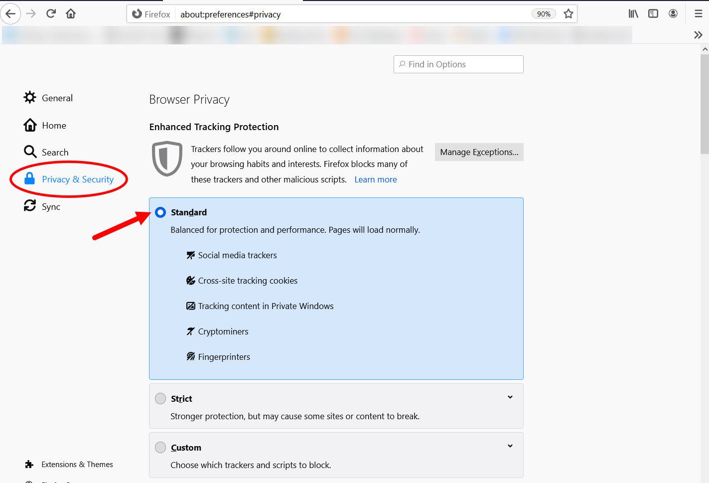 Firefox privacy and security page with Standard default option selected and identified as described