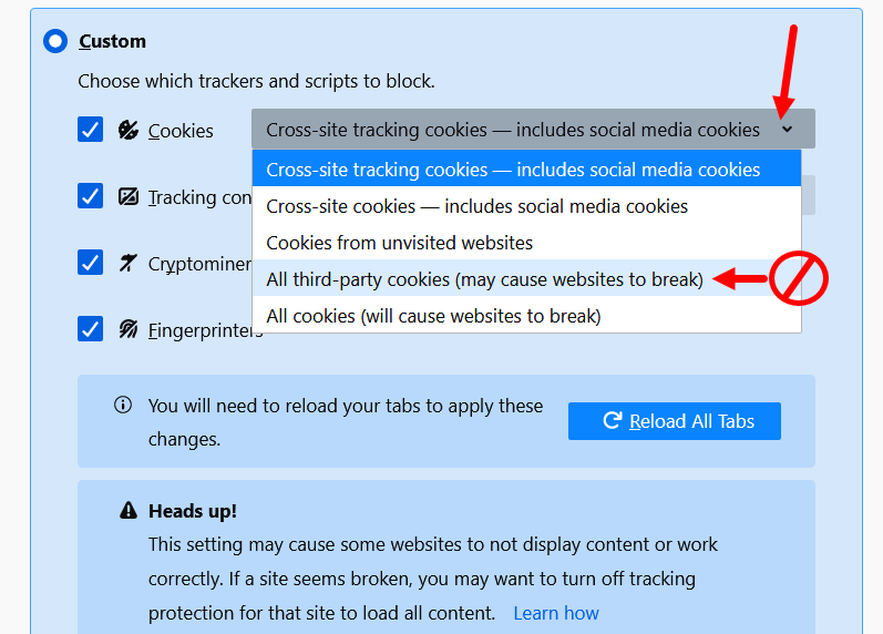Firefox custom privacy settings with block all third party cookies option identified with prohibit symbol indicating do no select this