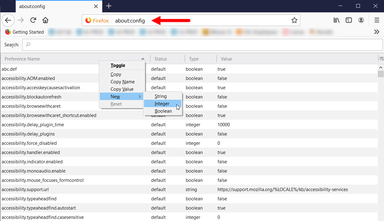 Firefox showing about configurations page with right-click menu and New Integer option shown for steps as described