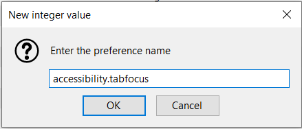 New integer value dialog box with new tab focus preference name entered as described