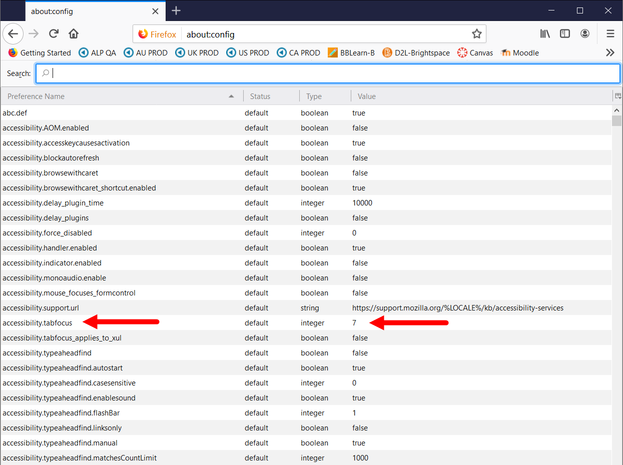 Firefox about configurations list with accessbility tab focus entry and value now appearing as described