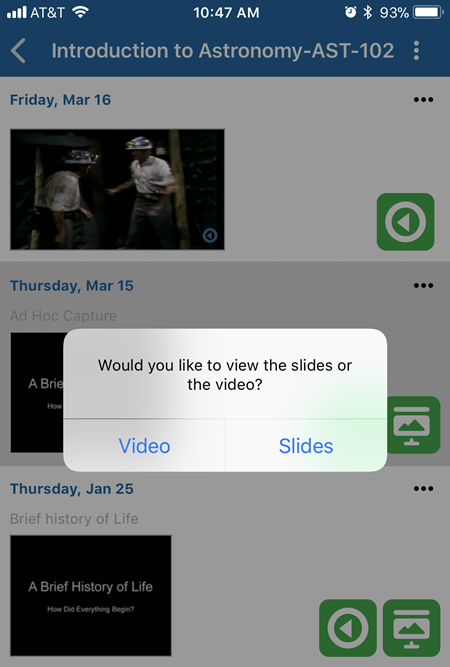 Selection to view video or slides in the classroom as described