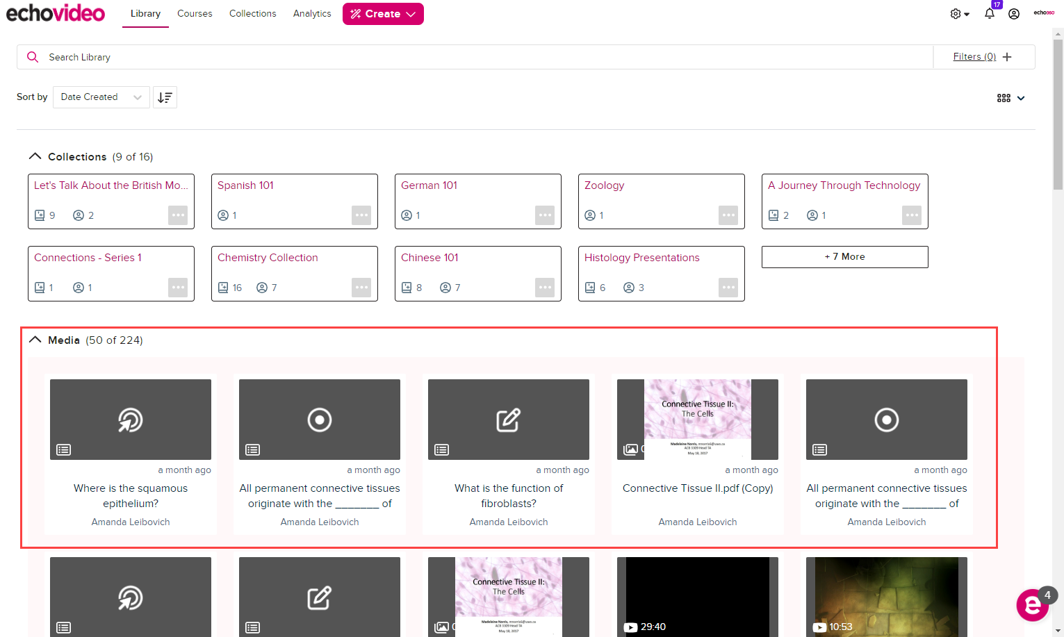 Library page with media panel identified showing media tiles for access as described