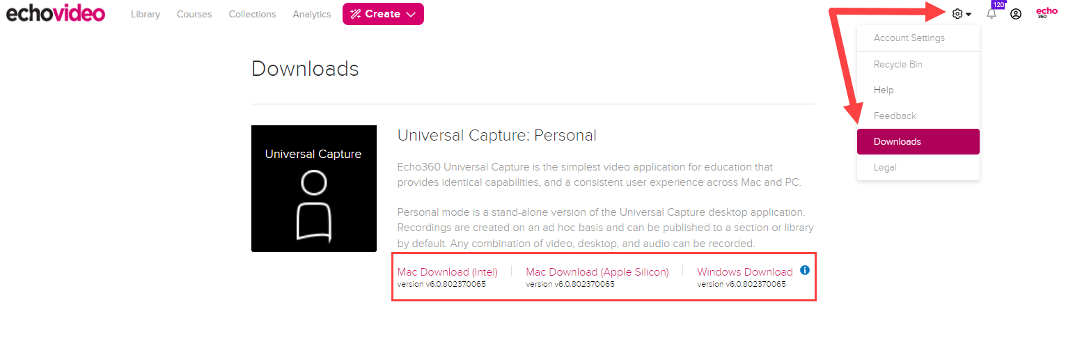 Downloads page showing navigation and universal capture personal installation links for steps as described
