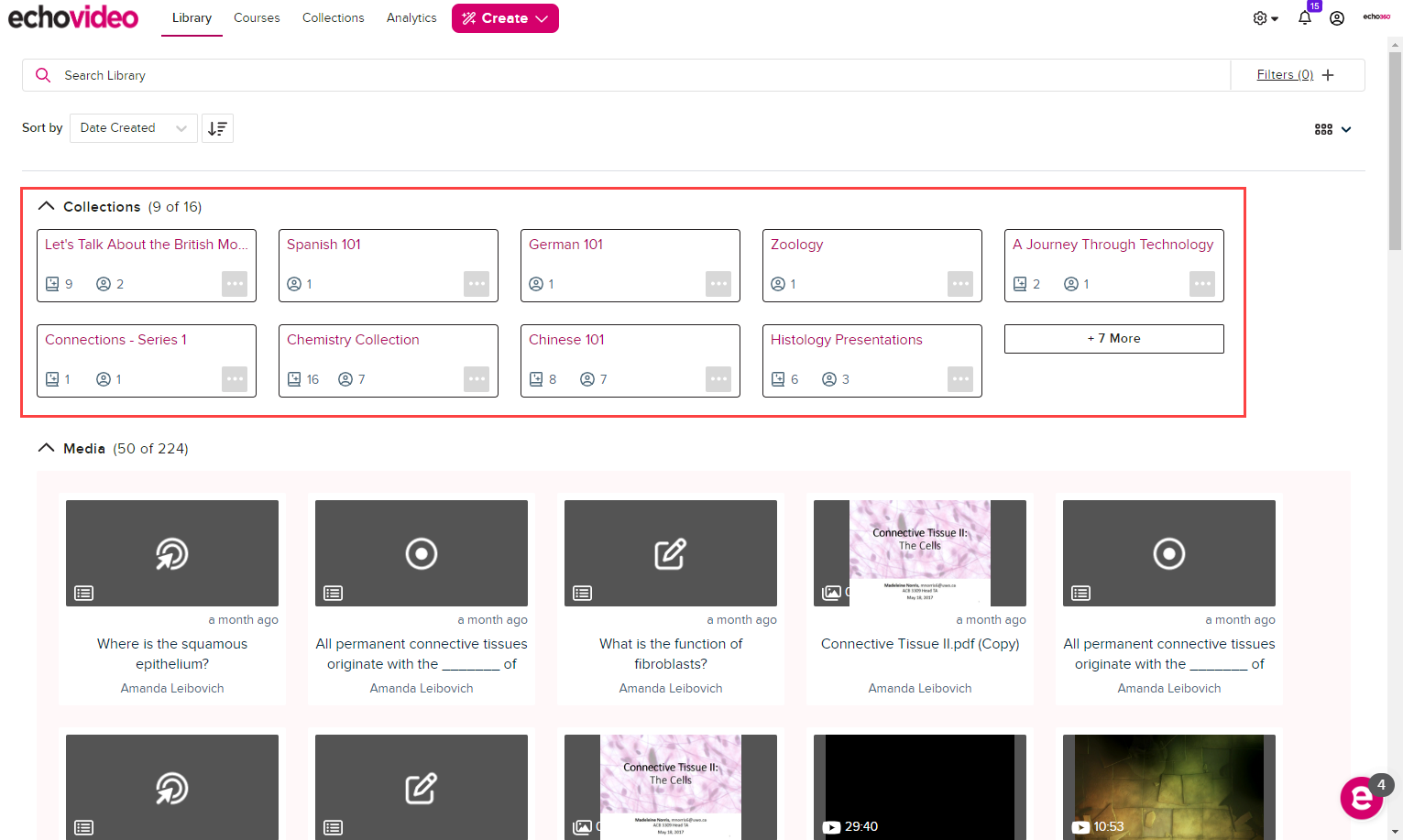 Library page showing Collections panel containing nine collections tiles and one plus more tile as described