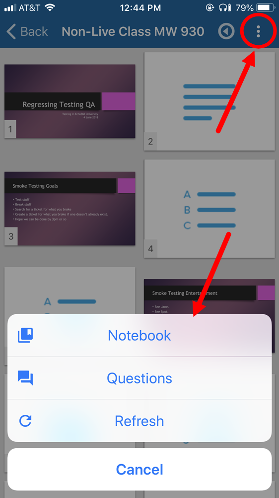 All slides view menu options with Notebook showing for slide notes and bookmarks as described