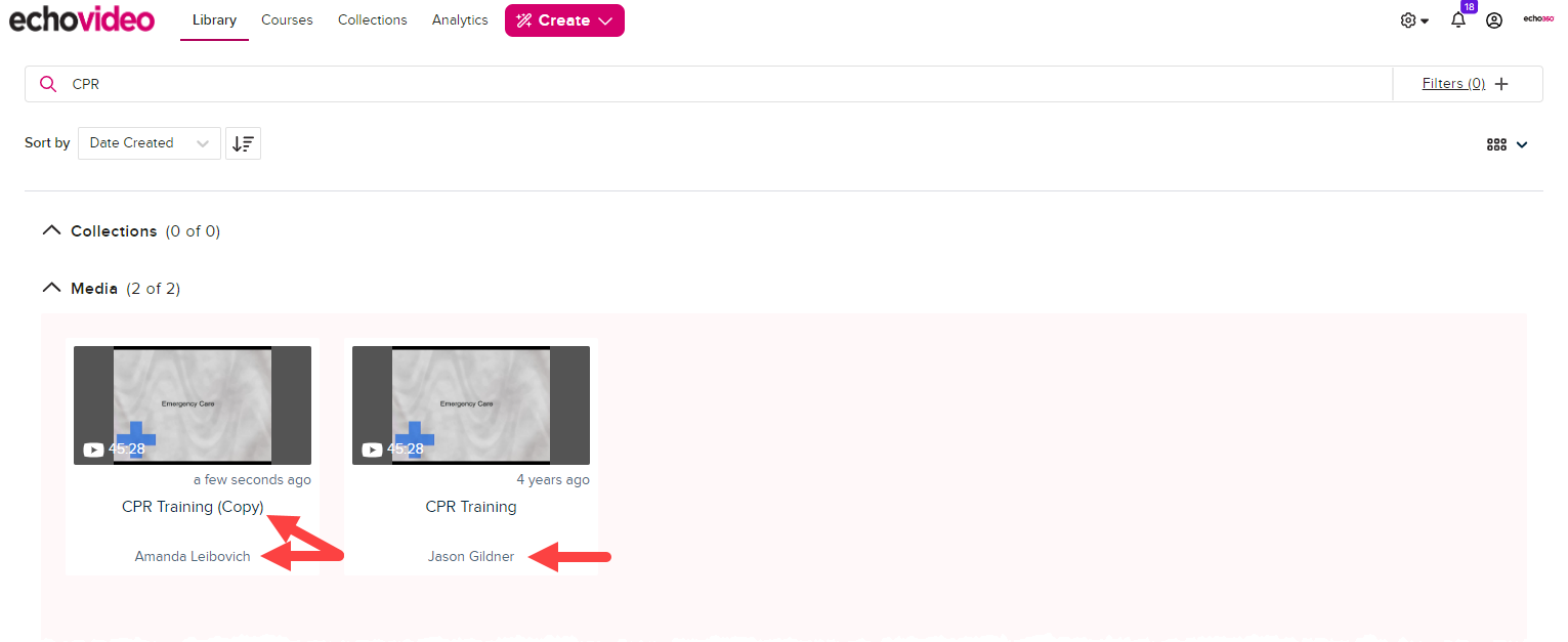 Library page with original shared content and content copy shown with different owners as described