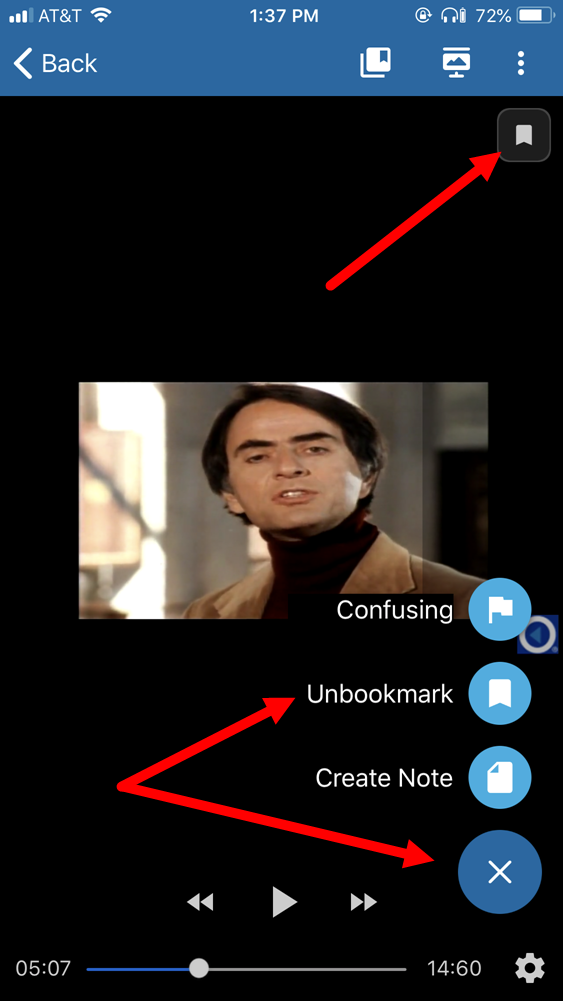 Classroom with video showing a bookmarked scene and unbookmark option identified as described