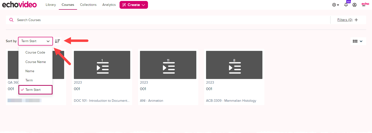 Courses page showing the sort selection drop down list and sort direction arrow identified as described