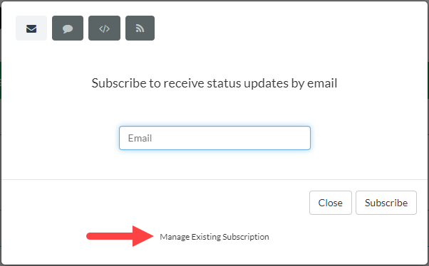 Subscription modal with focus on the 'Manage Existing Subscription' link