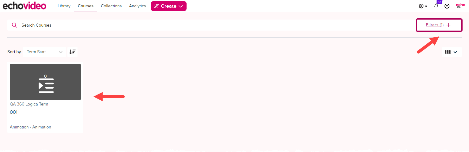 courses page showing filtered results and term, course, and section names identified on the course tiles as described