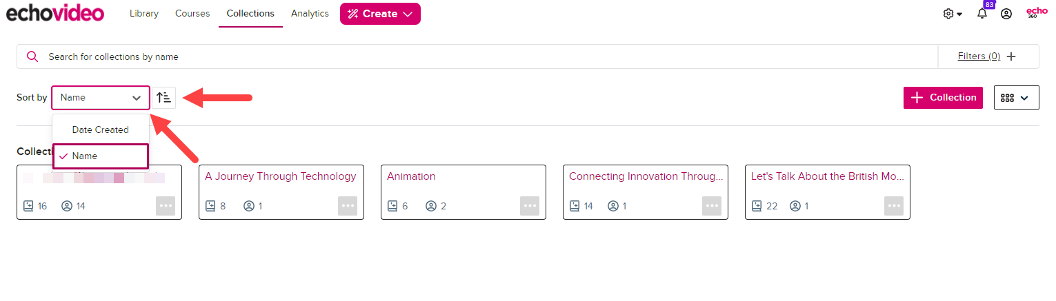 Collections page showing the sort selection drop down list and sort direction arrow identified as described