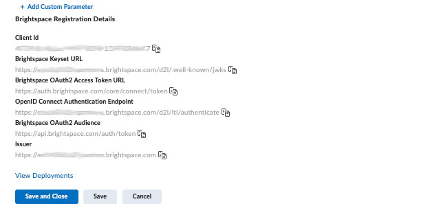 Brightspace Registration details as described showing View Deployments link