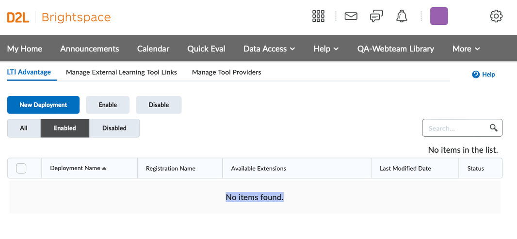 Brightspace LTI Advantage page with New Deployment button placement displayed