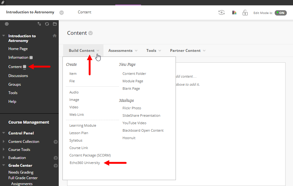 Blackboard course with Build Content menu open and Echo360 tool identified