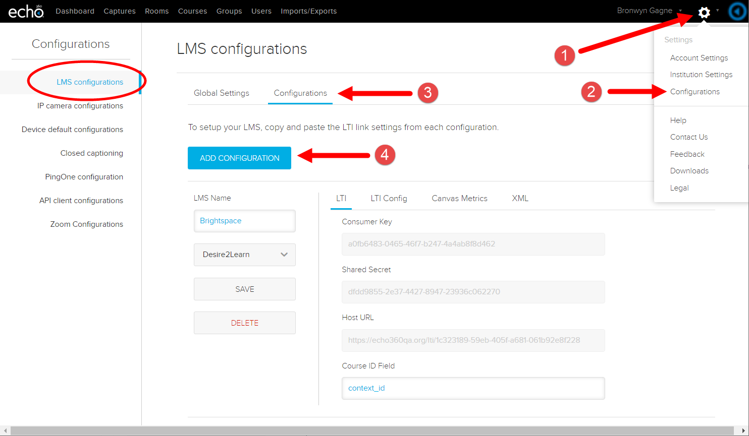 LMS configurations page with Add Configuration button identified and a Desire2Learn LMS Configuration block showing