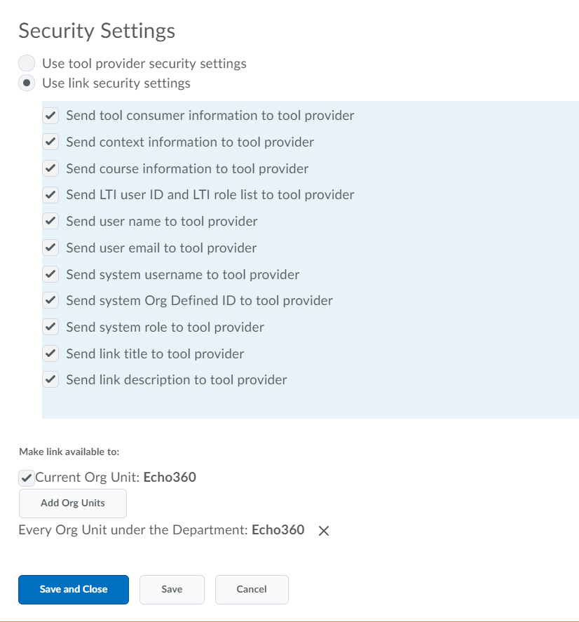 Brightspace LTI tool provider Security settings section of configuration page with options as described
