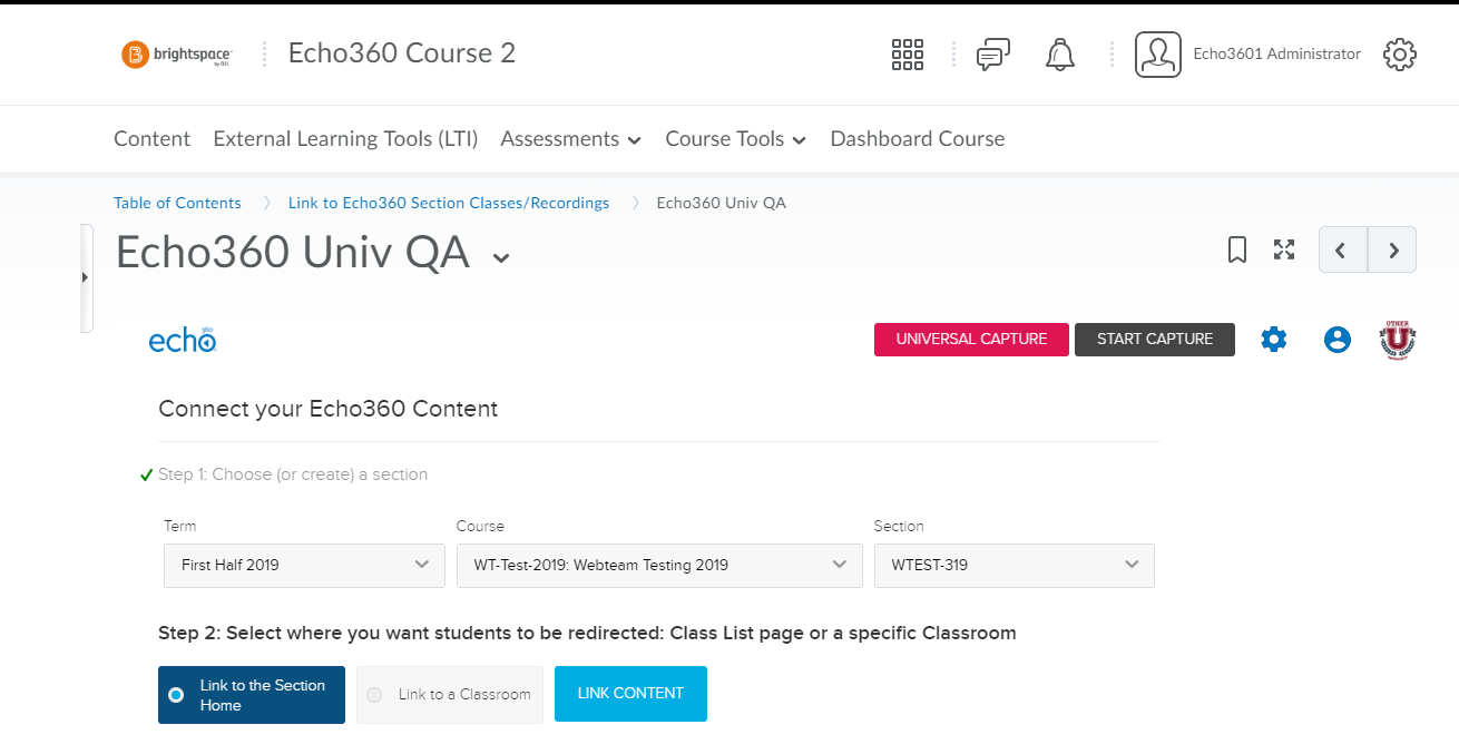 Echo360 link in Brightspace Course with term, course, and section selections shown as described