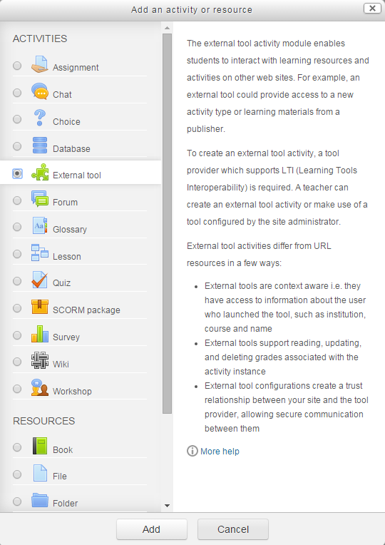 Add activity list in Moodle with External Tool selected as described