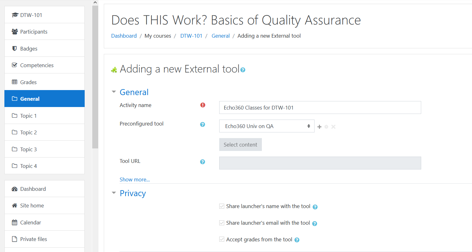 Tool configuration page with General fields and Privacy selection options for completion as described