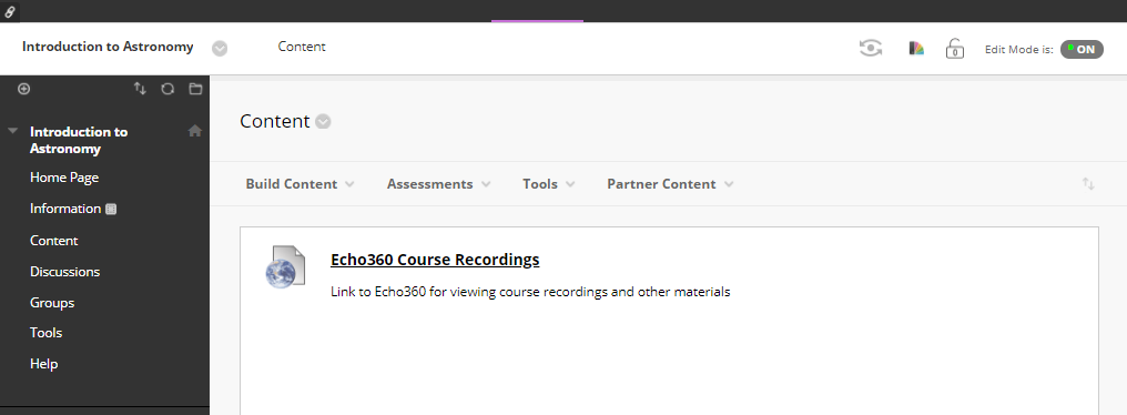 Course Content page in Blackboard showing link to Echo360