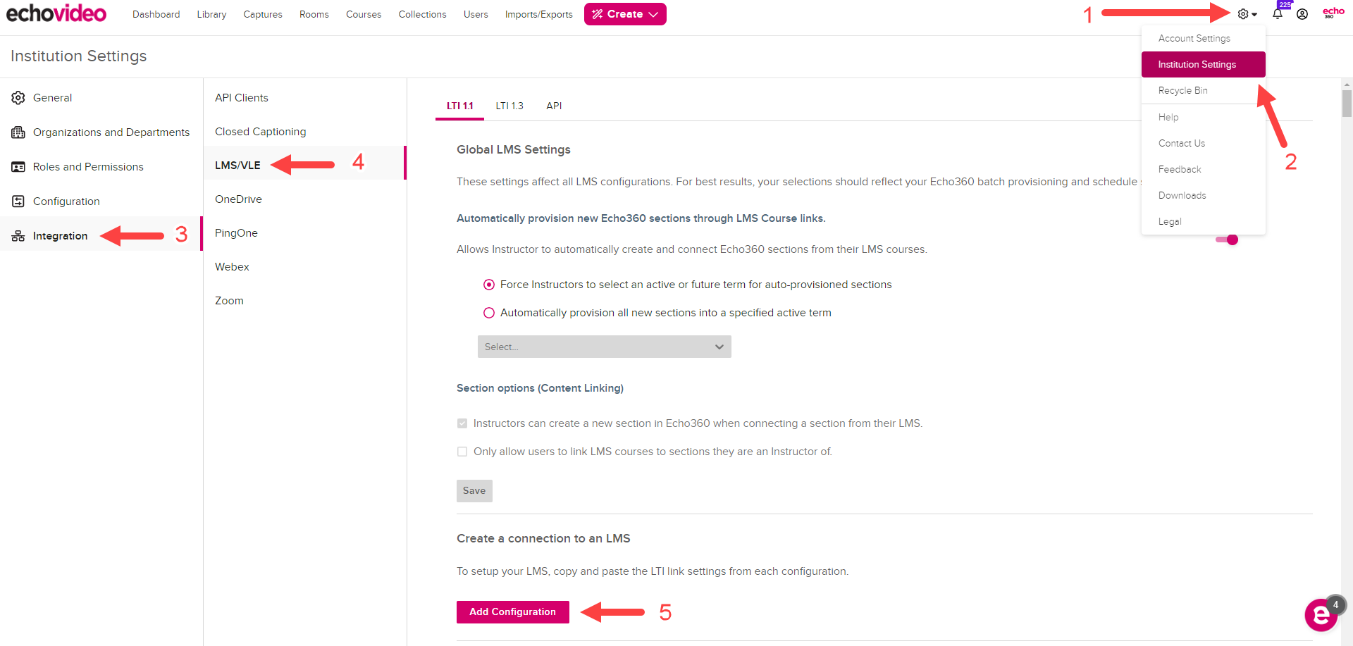 LMS configurations page with Add Configuration button identified and a Moodle LMS Configuration block showing