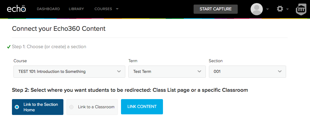 Echo360 section selection options for Blackboard course content tool as described