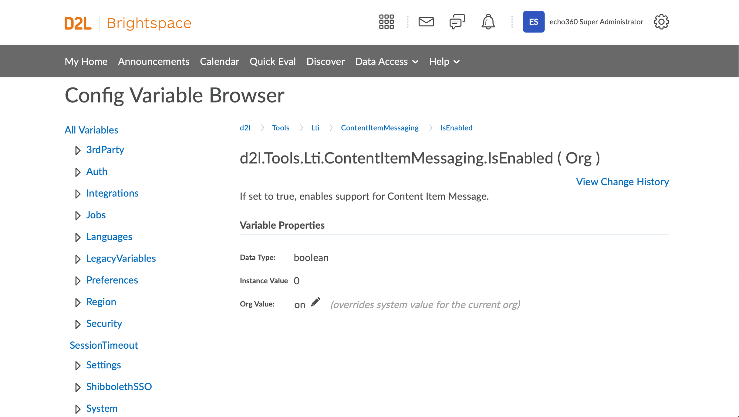 Config Variable Browser tools option showing ContentItemMessaging variable for editing as described