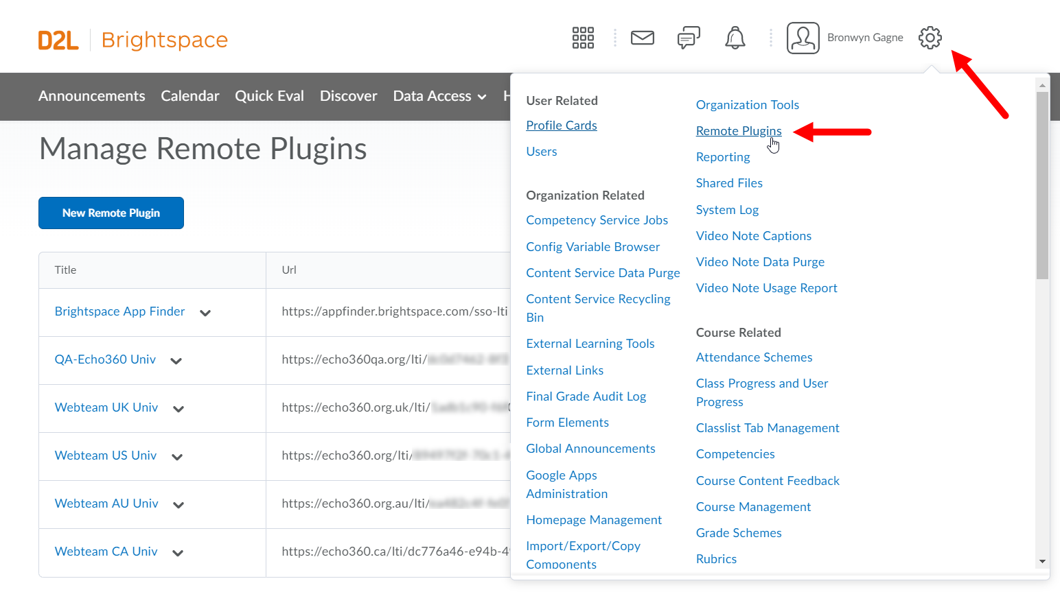 Brightspace Admin settings options with Remote Plugins link identified as described