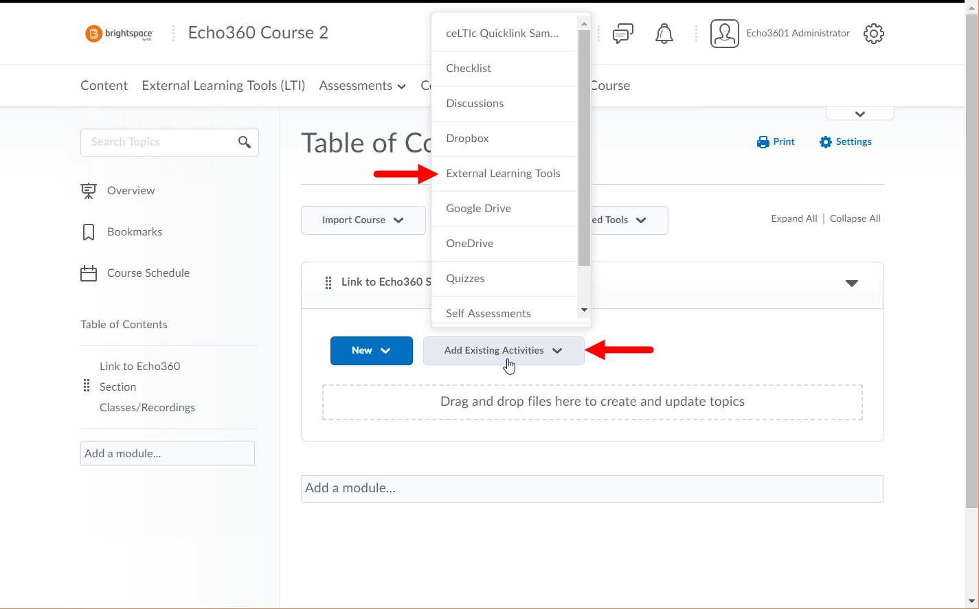 Brightspace course with new module and adding Existing Activity menu open with External Learning Tools option identified as described