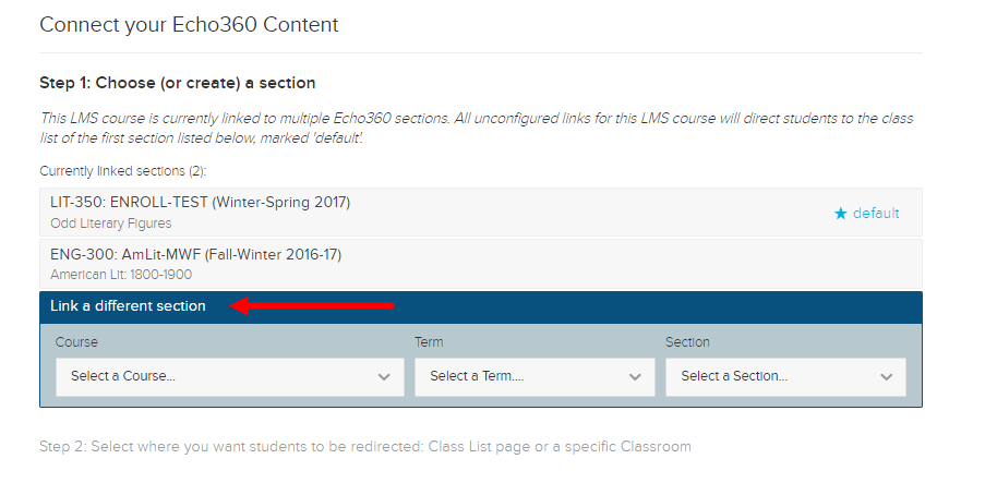 Echo section selection page with link to different section option identified for steps as described