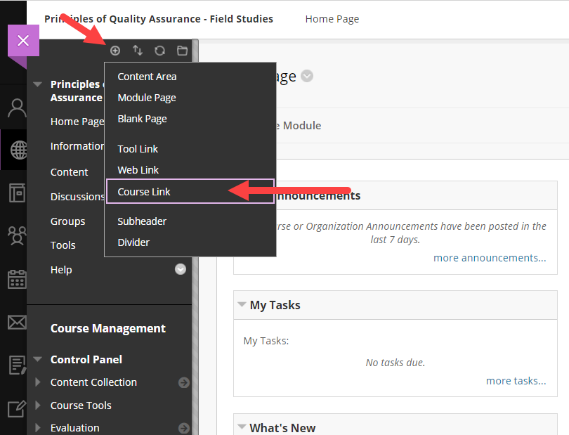 Blackboard Course with left navigation panel shown and Add Link button with menu options shown for steps as described