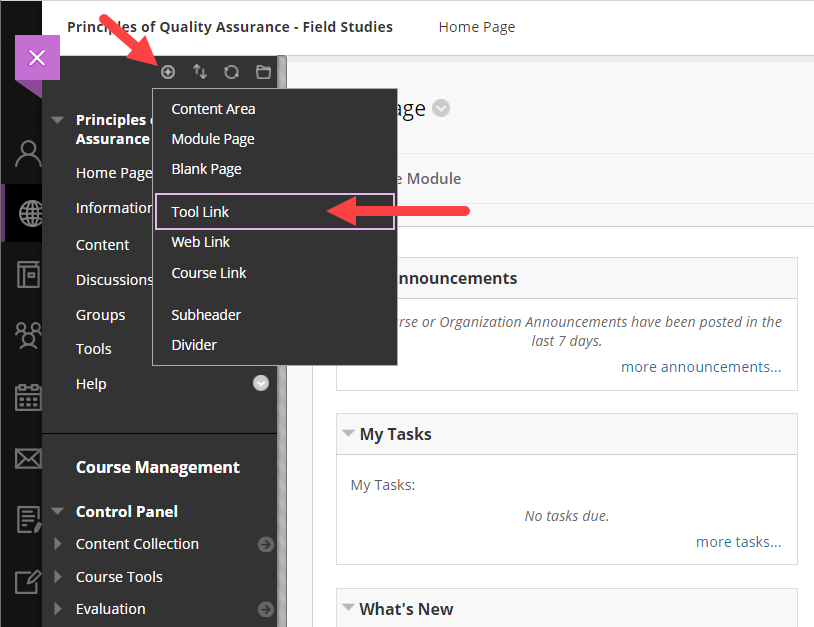 Blackboard Course with left navigation panel shown and Add Link button with menu options shown for steps as described