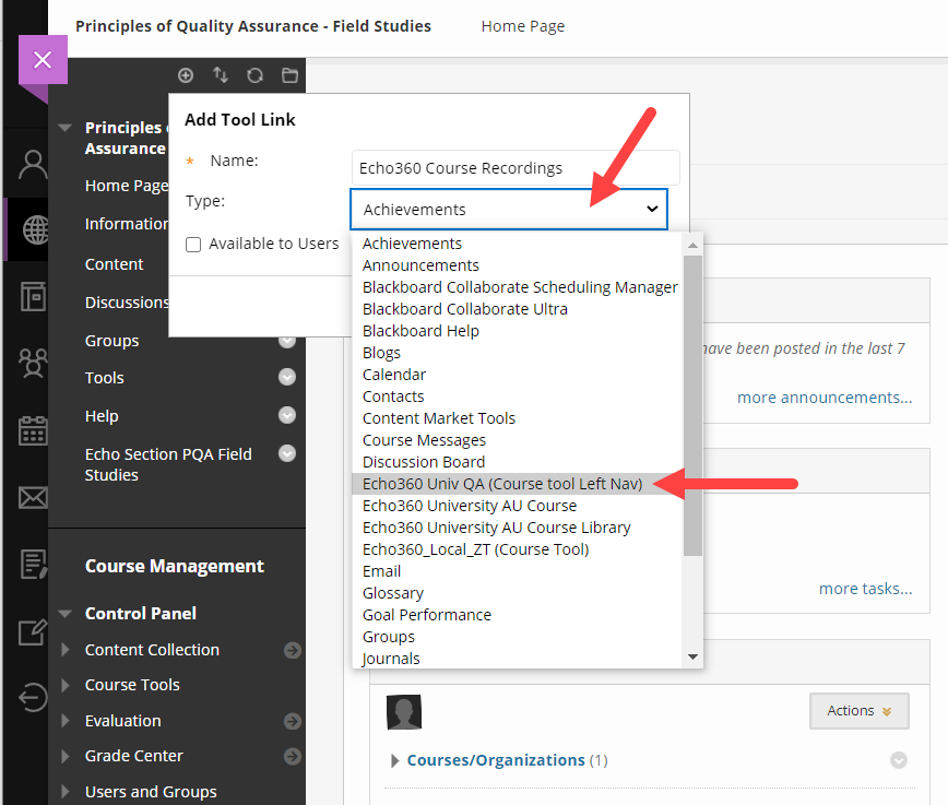 Add tool link dialog box with Type drop-down list open and Echo360 course tool link identified for steps as described