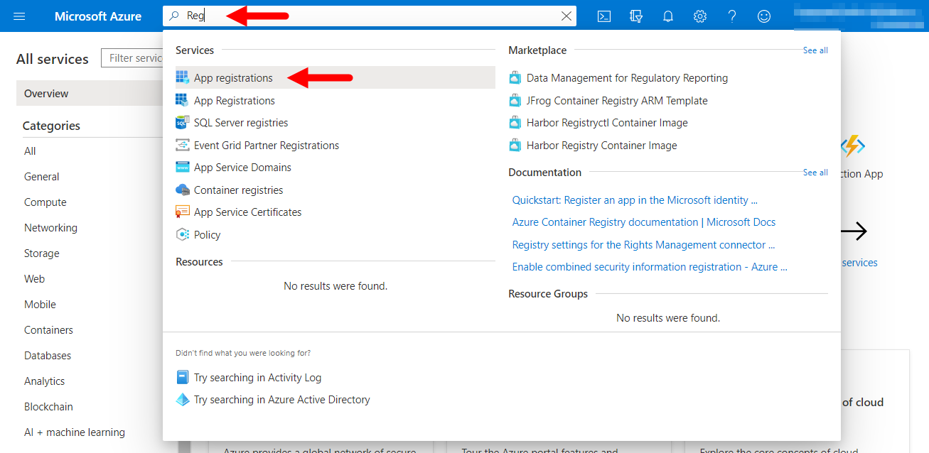 Microsoft Azure administrator portal with search field populated and App Registrations option identified as described