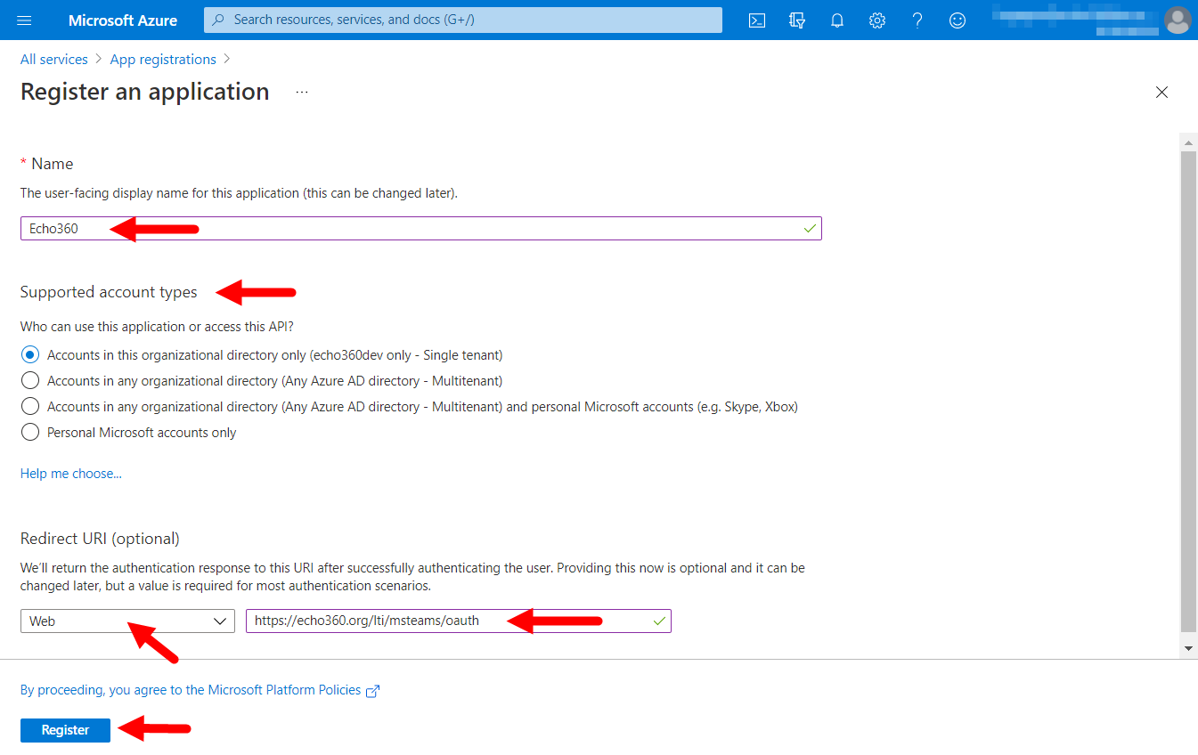 Register application for with fields for completion as described