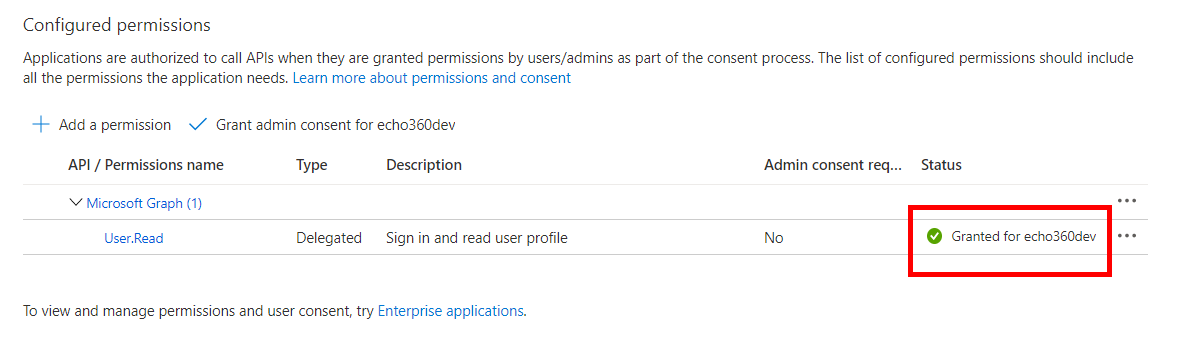 API permissions page showing permssions granted as described