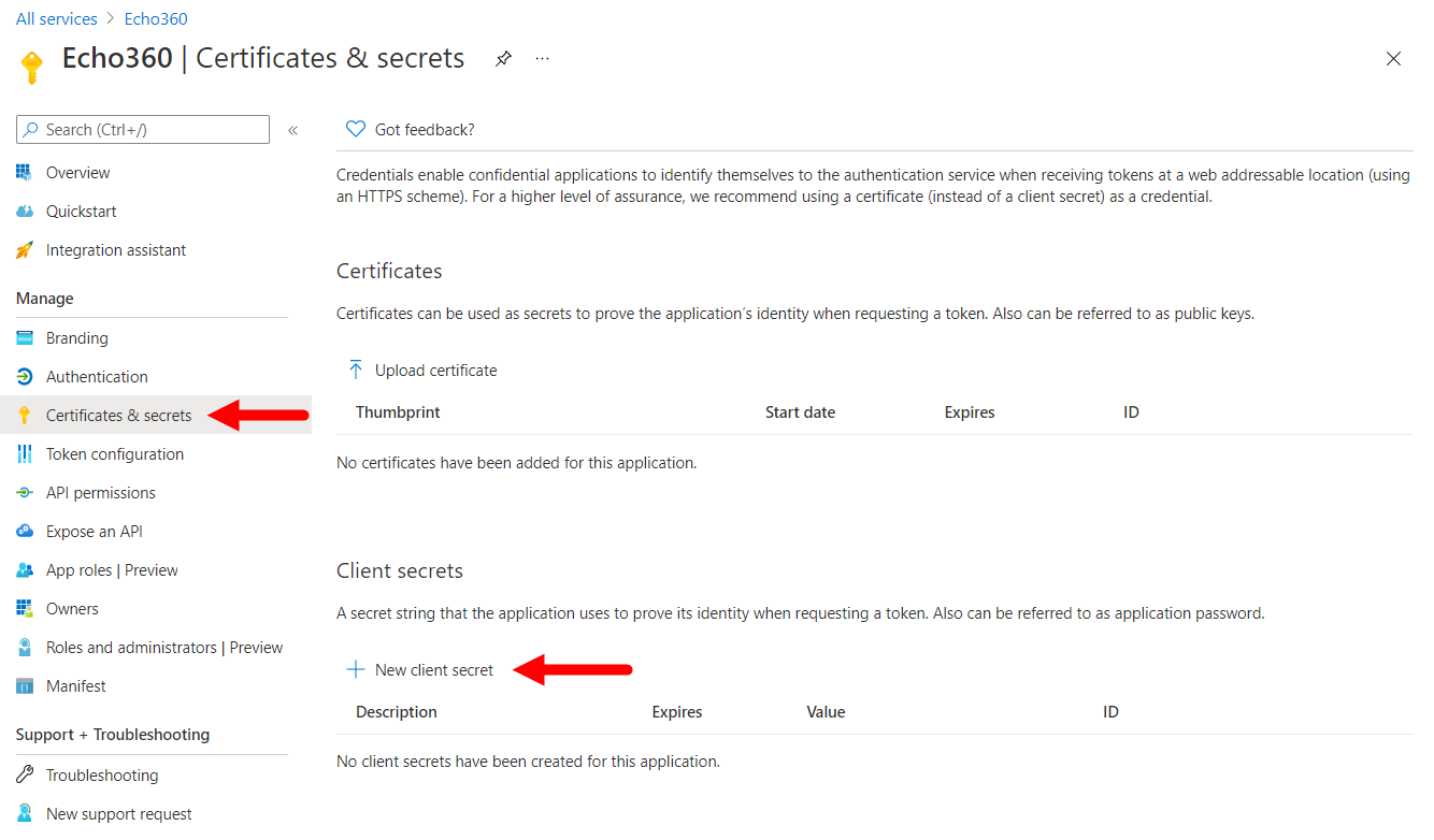 Certificates and secrets page with new client section button identified for steps as described