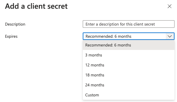 Add client secret modal with Description field and Expires drop-down list open showing expiration options available for selection